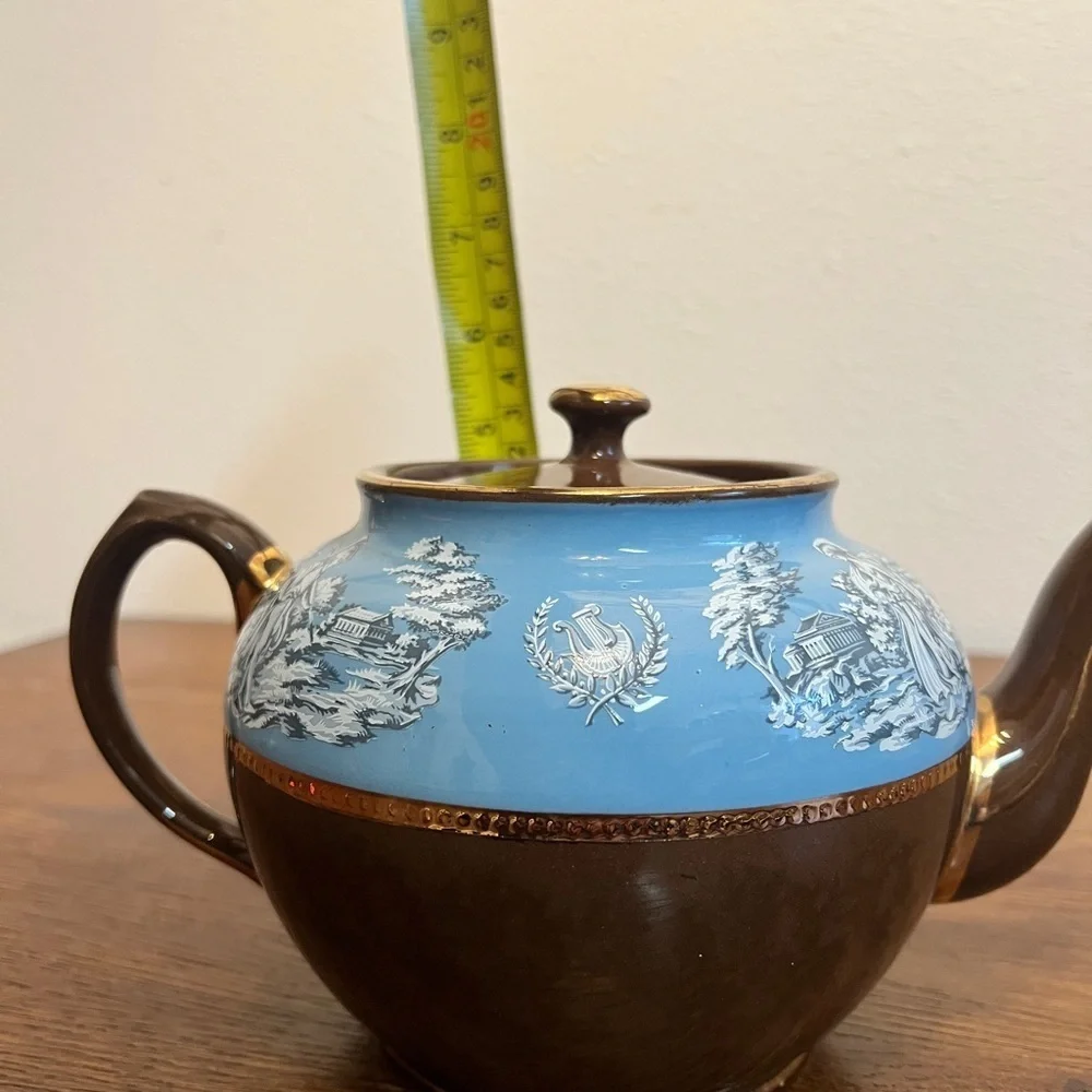 Vintage SadlerBlue & Brown Ceramic Teapot – Gilt Trim, Classical Scene Band